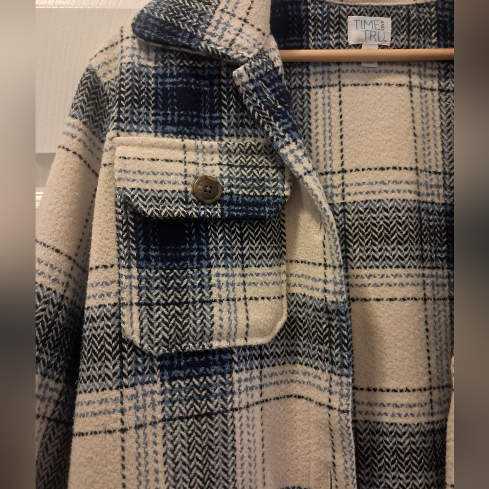 Time & True Plaid Blue & White/Cream Warm Oversized Jacket - Picture 2 of 6